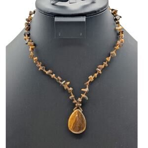 Vintage Tiger's Eye Chip Bead Pendant Barrel Clasp 17" Necklace